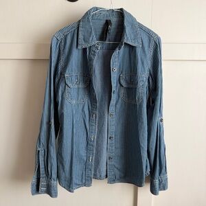 Seven 7 Chambray Denim Striped Button-Up Shirt Blue Sz S